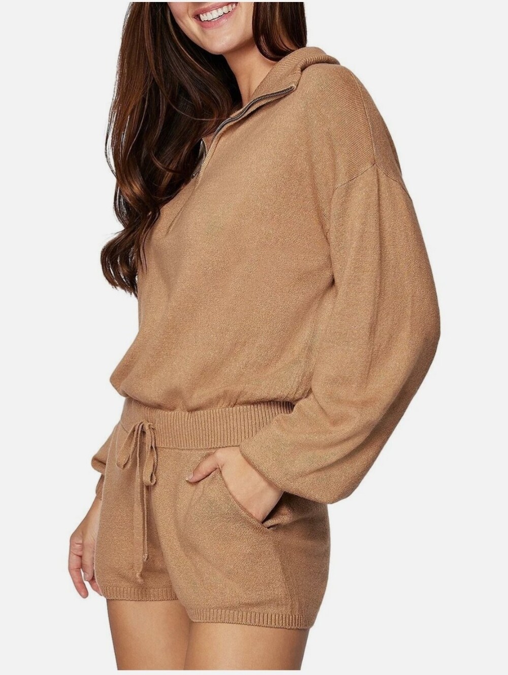 Spiritual Gangster Funnel Neck Sweater Romper Knit Quarter Zip Camel Small